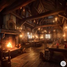 an old fashioned log cabin is lit up by candles and lights in the fireplaces