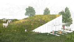 an artist's rendering of people sitting on steps near a house with a green roof