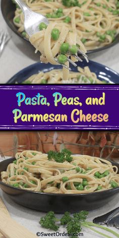 pasta, peas and parmesan cheese is being served in a skillet with a fork