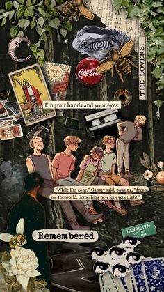 a collage of various images with words and pictures on them, including an image of people in the woods