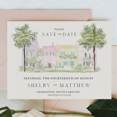 a wedding save - the - date card with palm trees