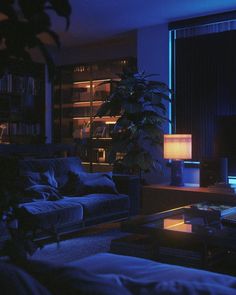 a living room filled with furniture and a large window covered in blue light next to a book shelf