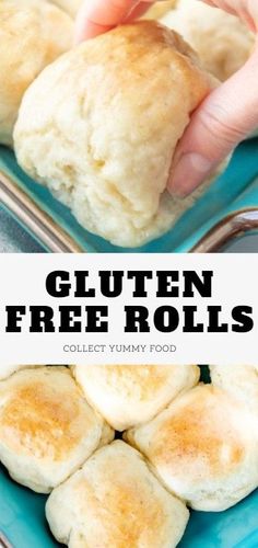 gluten free rolls on a blue plate with text overlay that reads gluten free rolls