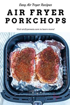 air fryer pork chops in an air fryer with text overlay that reads easy air fryer pork chops