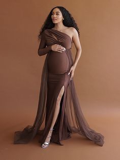 Marilyn Maternity Gown Brown Maternity Dress, Gold Maternity Dresses, Maternity Occasion Wear, Gold Baby Dress, Gown Colors, Gender Reveal Dress, Tulle Gowns, Elegant Maternity Dresses, Lace Maternity Gown