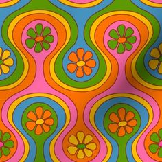 an abstract pattern with flowers and swirls on a green, pink, blue, yellow, orange and red background