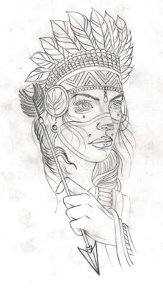 a pencil drawing of a native american woman with feathers on her head and arrows in her hand