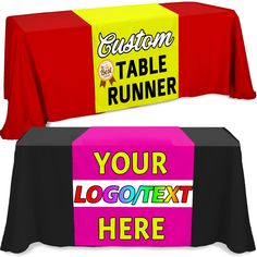 a table with a red and yellow sign on it next to a black table cloth