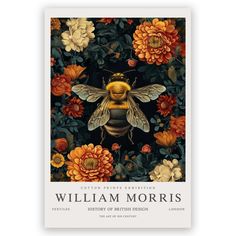 a bee surrounded by flowers on a black background with the words william morris written below it