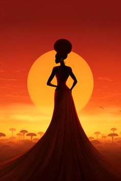 the silhouette of a woman in a long dress with her back turned to the sun