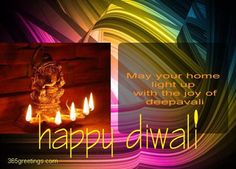 happy diwali greeting card with colorful lights and gandapah on it