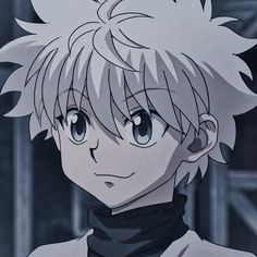 an anime character with blonde hair and black collared shirt looking at the camera while standing in front of a dark background