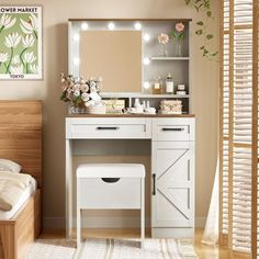 Farmhouse Style Makeup Desk with 2 Drawers & Barn Door Cabinet with Adjustable Shelf & Mirror & 3 Modes Lights, Vanity Dressing Table Set with Storage Stool. Vanity For Bedroom, Farmhouse Makeup Vanity, Door Accents, Dream Bedroom Ideas, Cabinet For Bedroom, Contemporary Dresser, Vanity Desk With Mirror, Desk With Mirror, Makeup Vanity Desk