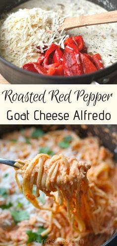 two pictures showing different types of food being cooked in a skillet and then being stirred with grated red pepper