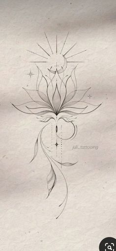 a drawing of a lotus flower with the sun in the middle and stars above it