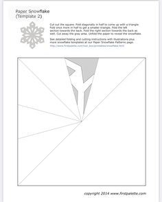 the paper snowflake template is shown in grey and white, with an image of a