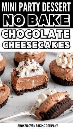 mini party dessert no bake chocolate cheesecakes on a white plate with text overlay