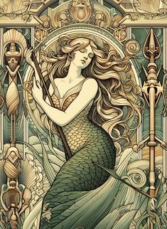 In the style of the Czech painter Mucha, a female mermaid holds a harpoon and a shell in her hands, with long flowing hair. In the picture, you can clearly see the head and tail of the mermaid, surrounded by totems that symbolize the lines of the ocean and marine life. 捷克畫家"慕夏"的風格，一個女性的人魚手拿魚叉與貝殼，長髮飄逸，圖片中可以清楚的看到人魚的頭與魚尾，周圍環繞的圖騰，象徵海洋的線條與海洋生物 Japanese Mermaid Art, Mermaid Artwork Drawing, Art Nouveau Graphic Design, Mermaid Art Nouveau, Art Nouveau Mermaid, Long Flowing Hair, Dark Alice In Wonderland, Concert Poster Design, Mermaid Artwork