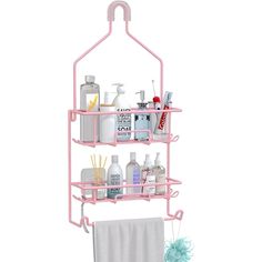 a pink bathroom shelf with soap, lotion and hand sanitizers