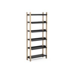 a wooden shelf with four shelves on each side and two black shelves in the middle