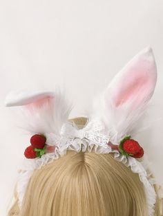 Add a touch of whimsical charm to your ensemble with our raspberries decorated white and pink bunny ears KC. Perfect for Lolita and Kawaii fashion enthusiasts, this head accessory features white and pink bunny ears adorned with sweet raspberry embellishments. Elevate your outfit with this playful and adorable accessory that captures the essence of cute and stylish fashion. Cute Spring Headband, Cute Party Headband For Spring, Cute White Hair Accessories For Party, Cute White Party Hair Accessories, Cute Spring Party Headband, Cute White Headband For Spring, Cute Spring Party Hair Accessories, Cute Spring Hair Accessories For Parties, Cute White Hair Accessories With Matching Headband