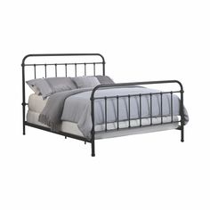 a metal bed frame with grey sheets and pillows on it's headboard, in front of a white background