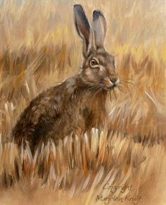 a painting of a rabbit sitting in the middle of a field with tall brown grass