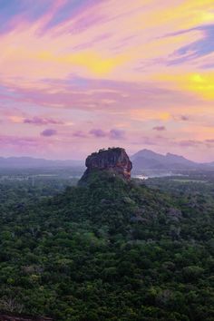 an aerial view of trees and mountains at sunset with pink clouds in the sky above