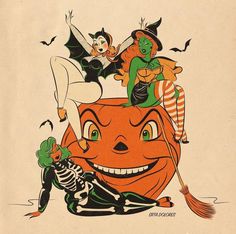 an old fashioned halloween card with witches on top of a pumpkin and skeletons around it