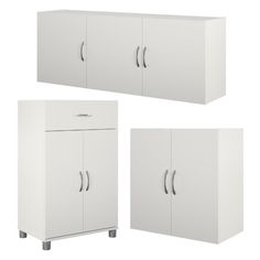 three white cupboards with doors and handles