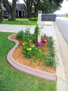 a mailbox in the middle of a flower bed with flowers growing out of it