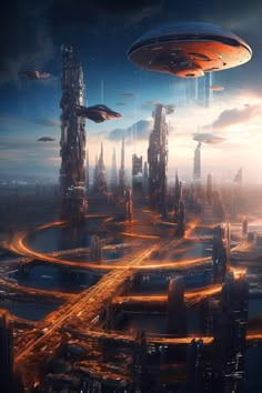 a futuristic city with lots of tall buildings and flying saucers