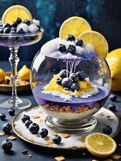 two dessert dishes with lemon slices and blueberries in them