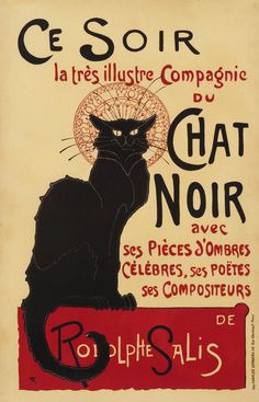 a black cat sitting on top of a red sign that reads ce soir la tres illustre compagnie du chat centre de chat noir