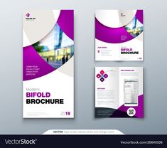 a purple and white brochure with rounded shapes on the front, back and side