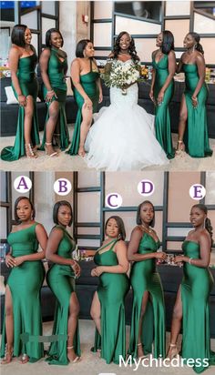 the bridesmaids are posing for pictures in their green dresses and one is showing off her