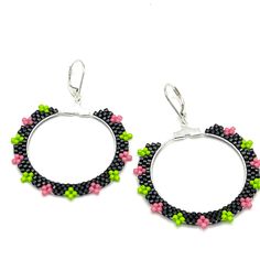 Fun Handmade Hoop Earrings Hand Beaded With Black, Green And Pink Delica Beads. Woven On Sterling Silver Hoops In A Southwest Pattern Of Colorful Diamonds On A Black Background. Finished With Hypoallergenic Sterling Silver Lever Back Ear Hooks. These Are 2” Long And 1 1/2” Wide. Very Lightweight. Gifts Party Festival Casual Native American Western Hand Crafted Handcrafted By Me So Each Piece Is One Of A Kind. Your Order Is Beautifully Packaged With Care And Shipped The Same Or Next Business Day. Hoop Bead Earrings, Native American Western, Southwest Pattern, Handmade Hoop Earrings, American Western, Elephant Earrings, Glass Drop Earrings, Gifts Party, Delica Beads