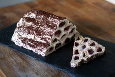 a piece of cake sitting on top of a black plate