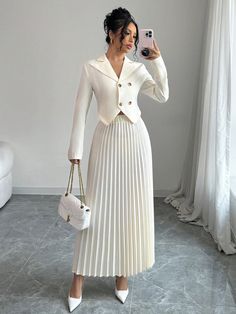 Elegant Solid Color Pleated Pencil Skirt And Formal Blazer Suit Set For Women Apricot Elegant  Long Sleeve Woven Fabric Plain  Non-Stretch  Women Clothing, size features are:Bust: ,Length: ,Sleeve Length: Modest Business Professional Outfits, Formal Attire Women Classy, Singles Inferno Outfits, Suit Skirt Outfit, Nude Blazer Outfit, Pastors Wife Outfits, Baptism Outfit Women, Modest Outfits For Women, Elegant Skirt Outfits