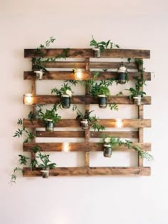 a wooden pallet with potted plants on it and lights hanging from the side