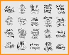 hand lettering set with different sayings in black and white on an orange square frame