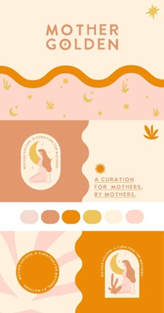 the mother golden logo is shown in three different colors and font styles, including pink, orange