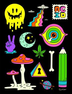 an assortment of stickers on a black background