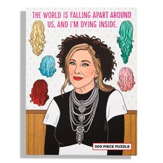 a card with an image of a woman surrounded by wigs and necklaces on it