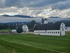 a large white barn sitting on top of a lush green field