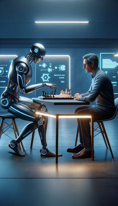 two people sitting at a table playing chess in front of a robot that looks like they are looking at each other