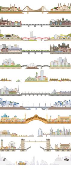 a large set of different types of city buildings and bridges in various stages of construction