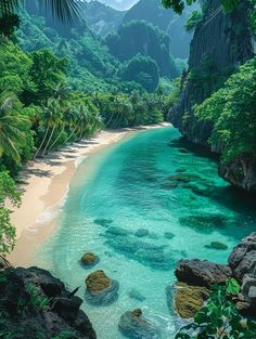 the beach is surrounded by lush green trees and blue water, with rocks in the foreground