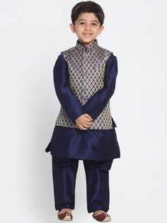 Buy Kids Ethnic Wear Kurta Pajama Pant Waistcoat for Boys Kids Online in India - Etsy Kids Kurta Pajama Boys, Kids Kurta Pajama, Cotton Art, Boys Kurta, Navy Blue And Gold, Kurta Pyjama