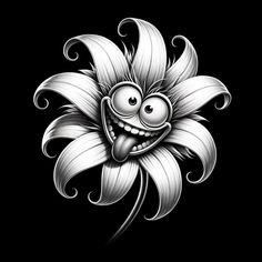 a black and white drawing of a flower with an evil smile on it's face